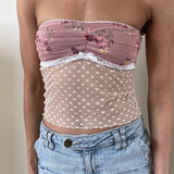 Getadme-Coquette Cute Pink Bandeau Tube Tops Fairycore Y2K Floral Lace Trim Strapless Crop Tops 90s Vintage Backless Camis
