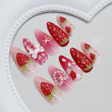 GETADME 24pcs Ins 3D Bowknots Press On Nails Sweet Strawberry Pink Plaid Almond False Nails With Heart Shape Pearl Decor Fake Nail Tips