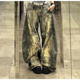 GETADME American Retro Washed Denim Jeans washing old hand-painted graffiti printed jeans Fashion Loose Casual Wide Leg Jeans