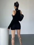 Getadme 섹시 미니 드레스 여성용 오버슬리브 플리츠 바디콘 드레스 하이넥 가을 블랙 샤이니 엘라스틱 파티 탱크 힙 랩 드레스 클럽