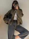 GETADME HH Women Brown Green Suede Jacket Loose Casual Bomber Coat Lapel Zipper Long Sleeve Jackets Vintage Lady Motorcycle Outwears