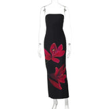 GETADME Laxsesu Mesh Flower Print Strapless Backless Lace Up Sexy Elegant Bodycon Maxi Prom Dress Women Y2K Outfit Party Beach Christmas