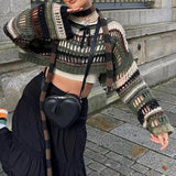 Getadme -Y2K Women Crochet Shrug Pullovers Sweater Crop Top Patchwork Crewneck Long Sleeve Hollow Out Grunge Tops Vintage Streetwear
