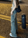 Korean High Waist Slim Jeans Office Lady Casual Vintage Denim Trousers Women Pure Color Wide Leg Y2k Pants Fashion Summer 2023