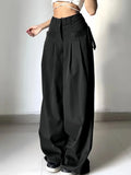 GETADME Women's Black High Waist Wide Leg Suit Pants Pleated Front Side Tie Detail Loose Fit Casual Streetwear Spring Summer Trousers