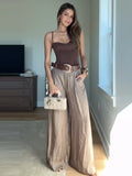 GETADME Women's Straight Pants Solid High Waist Belt Pockets Wide Leg Long Trousers Female 2025 Spring Lady Vintage High Street Wears