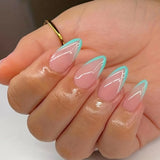 GETADME 24개 롱 프레스 온 네일 스틸레토 블랙 실버 리본 비대칭 가짜 네일 파우더 풀 커버 가짜 네일 세트 저렴한 네일