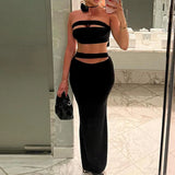 GETADME 여성용 새로운 매칭 세트 할로우 아웃 붕대 슬리브리스 튜브 탑 + 하이 웨이스트 롱 스커트 여름 클럽 2피스 의상 스트리트웨어