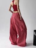 GETADME Summer Wide Leg Pants Women Red Plaid Loose Casual Streetwear Lace Up Trouser Vintage Lazy Wind Sports Straight Sweatpants New