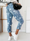 GETADME New Autumn Boyfriend Jeans Woman Slim Hole Jeans For Ladies With Five-Pointed Star Ripped Jeans Street Casual Blue Denim Pants