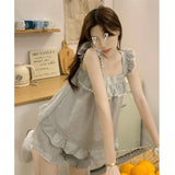 GETADME 섹시 나이트웨어 민소매 파자마 레이스 플레드 퓨어 디자이어 윈드 캐미솔 반바지 여성 홈웨어 투피스 그레이 잠옷 라운지웨어