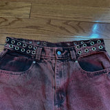 GETADME Y2K Casual Loose Jeans Vintage Letter Print Rivet Waist Belt Design Red High Waist Wide Leg Jeans Men Women Hip Hop Streetwear