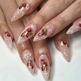 GETADME 24pcs Vintage Cute Strawberry Fake Nail Girls Weable Romantic White Lace Decor False Nail Patch Detachable Almond Press on Nails