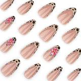 GETADME 24pcs Brown French Leopard Print Press On Nails Stereo Pink Flower Designs Autumn False Nails Sweet Cool Almond Fake Nail Tips