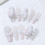 GETADME 10pcs Handmade Press On Nails Light Pink French Style White Long Coffin False Nails Cute 3D Rabbit Designs Sweet Fake Nail Tips