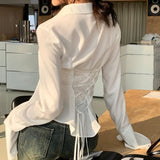 GETADME Fashion Women Bandage Shirts Korean All Match Streetwear Female Slim Blouse Spring Casual White Bell Sleeve Shirt New