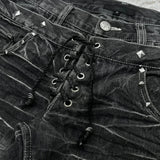 GETADME Fashionable high street double waisted lace up micro flared women jeans Y2K retro Harajuku washed design for men and women jeans
