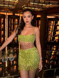 GETADME Sexy Sequins Tassel Skirt Sets Women Sling Crop Tops Hip Package A-line Short Skirts 2025 Summer Chic Beach Party Outfits Lady