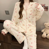 GETADME Young Girl Cherry Cartoon Pyjamas for Women Spring New Arrival Collar Cardigan Casual Comfortable Loose-Fit Homewear Set