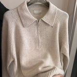 GETADME 2025 Fall Winter Pullover Women European Style Refined Shell Button Turn Down Collar Long Sleeve Premium Half Zip Knit Sweater