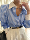 Getadme-Jmprs Elegant Women Shirts Korean Striped Red Fashion Turn Down Collar Office Ladies Tops Long Sleeve Causal Female Blouse