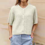 GETADME Lamuusaa y2k Sweaters 2000s Clothes Solid Color Round Neck Single Breasted Short Sleeve Cardigan Tops for Women Streetwear