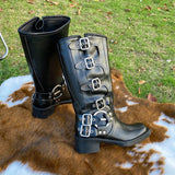 GETADME Brown Belt Bule Knee High  Boots Women's Spring Summer Retro Western Knight Faion Boots Waterproof Platform