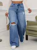 GETADME Women's Jeans Denim Pants Wide Leg Vintage Distressed Ripped Trousers 2026 Streetwear Washed Pockets Floor Length Hole Jeans