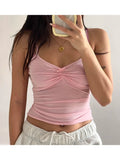 Getadme-2000s Y2k Sleeveless Crop Tank Tops Sexy Bowknot Embellished Slim Fit Low Cut Camisole V Neck Spaghetti Strap Going Out Slim Top