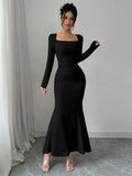 GETADME Women's Four Seasons New Style Women's Elegant Temperament Retro Solid Color Square Collar Long Sleeve Dress