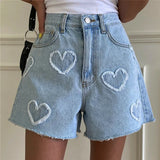 GETADME Korean Summer Y2K High Waist Jorts LOVE Heart Shaped Pattern Women's Denim Shorts Casual Jeans Chic Straight Washed Hot Pants