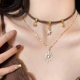 Collier GETADME Soleil Étoile Zircon pour Femme, Collier Vintage en Cuir Double Couche, Collier Ras du Cou, Bijou Tendance