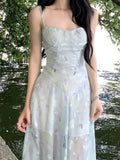 GETADME Korean Maxi Printing Dresses for Women 2025 Vestidos De Mujer Slim Waist Temperament Robe Femme Fashion Sexy Summer Slip Dress