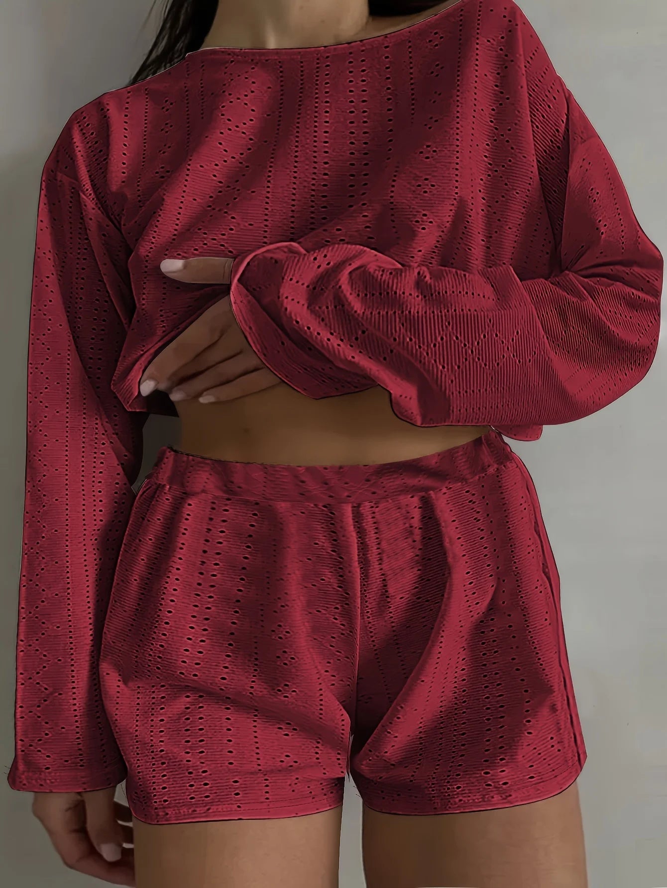 Ensemble short décontracté à œillets GETADME 2025 grandes tailles, haut à manches longues et col rond, vêtements pour femmes grandes tailles