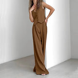 GETADME 오피스 레이디 여름 스트라이프 솔리드 V넥 버튼 슬리브리스 티셔츠와 하이웨이스트 와이드 레그 팬츠 투피스 세트 (여성용)