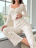 GETADME 4 Size Choose S M L XL  Apricot Ditsy Floral Women Homewear Set Soft Pajama Set Long Sleeve Top and Pants Loungewear Sleepwear T