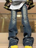 Getadme Hip Hop Rivet Big Print Bell Bottom Pants Woman Denim Trourse Retro High Waist Jeans Slim Straight Long Street Casual Pant