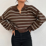 GETADME New European American POLO Collar Shoulder-sleeved Knitted Sweater Spring Autumn Casual Contrasting Striped Sweater Women