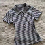 GETADME Deeptown Vintage Striped Polo Shirts Women Retro 90s Preppy Style Short Sleeve T-shirts Casual Basic Korean Harajuku Fashion