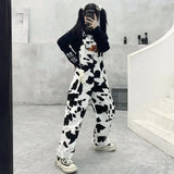 GETADME Street Hip-hop Harajuku Girl Cow Print Oneies for Women Black White Plaid Overalls Casual Jumpsuit Trousers Baggy Pants