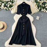 GETADME YuooMuoo Chic Fashion Elegant Patchwork Knitted Maxi Dress 2025 Summer Lady Turn-down Collar Shirt Sweater Dress Party Vestidos