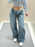 GETADME 2025 Ropa Y2K Style Letter Hot Fix Rhinestone Baggy Stacked Jeans Pants For Women Clothing Luxury Wide Leg Lady Denim Trousers