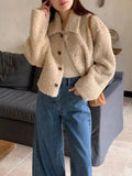 GETADME 한국 스타일 짧은 양털 벨벳 재킷 스탠드 칼라 싱글 버튼 루즈 다용도 탑 여성 가을 ​​겨울 신상품