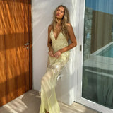 GETADME Yellow Sequins Maxi Beach Dress Women Sexy Backless Slim Party Fishtail Dresses Summer Mesh Patchwork Sheer Holiday Dress 2025