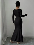 GETADME Women's Four Seasons New Style Women's Elegant Temperament Retro Solid Color Square Collar Long Sleeve Dress