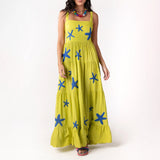GETADME Women Cute Embroidered Maxi Dress Beach Dress Summer Boho Ruffle Long Dress Spaghetti Strap Flowy Maxi Dress