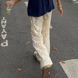 GETADME Vintage Women Wide Leg Pants Casual Loose Sheer Lace High Waist Trousers for Work Office Y2K Aesthetic Streetwear