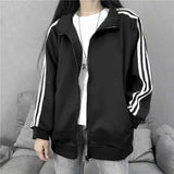 GETADME Spring Autumn New Three Bars Jacket Women's Thin Baseball Style Loose Bf Trendy Black Coat for Students Casual Outerwear