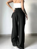 GETADME Women's Black High Waist Wide Leg Suit Pants Pleated Front Side Tie Detail Loose Fit Casual Streetwear Spring Summer Trousers