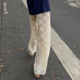 GETADME Vintage Women Wide Leg Pants Casual Loose Sheer Lace High Waist Trousers for Work Office Y2K Aesthetic Streetwear